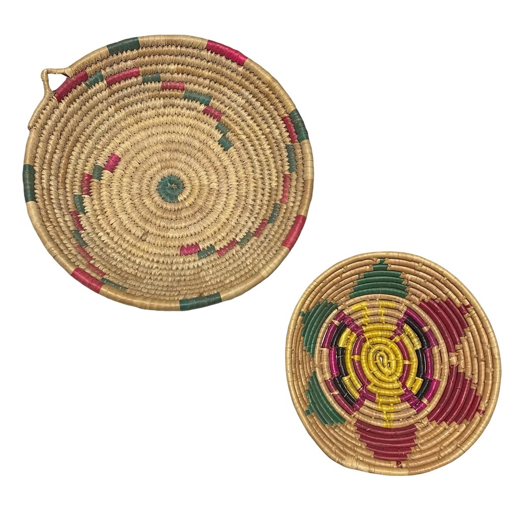 Vintage handmade raffia woven grass weave coiled bowl basket colorful set of two